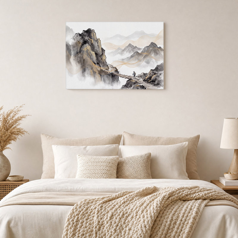 Encre lavant les montagnes avec des lignes ondulées dorées sur toile, H 32 po x l 48 po