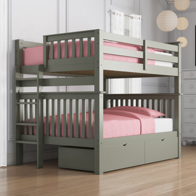 Tena Solid Wood Standard Bunk Beds Full over Full with 4 Step Ladder and 2 Under-Bed Drawers, Gray