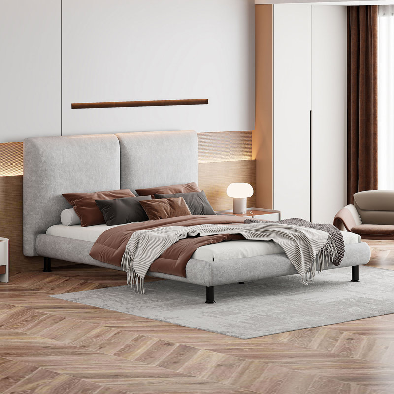 Lit plateforme tapissier avec deux grands appuis-tête et tissu épais en polyester, Beige