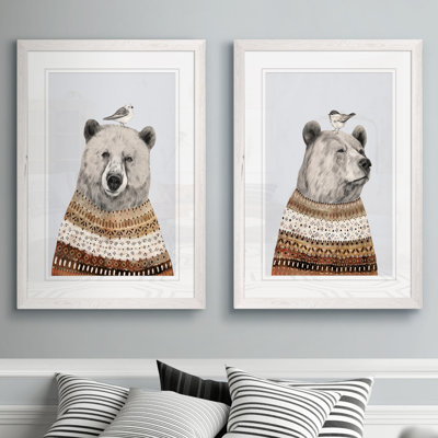 Fair Isle Bear I" 2-Piece Painting Print Set of Bears Wearing Cozy Wraps