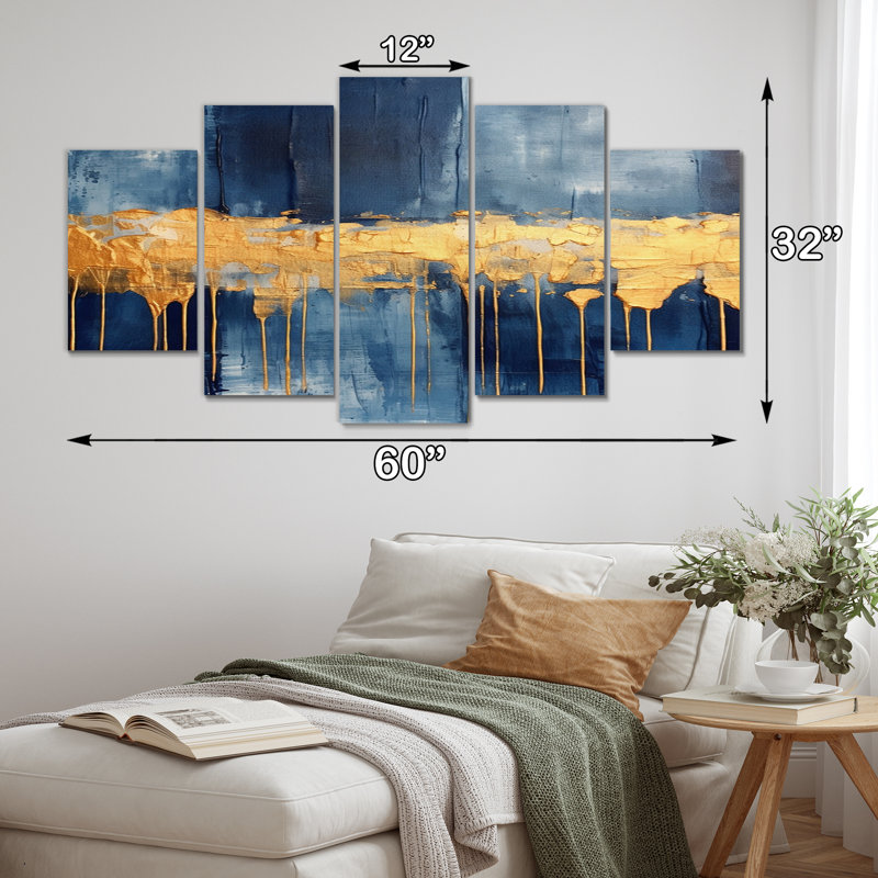 «Waves Of Joy Minimal Nova Blue and Gold II», reproduction sur toile abstraite - 5 panneaux