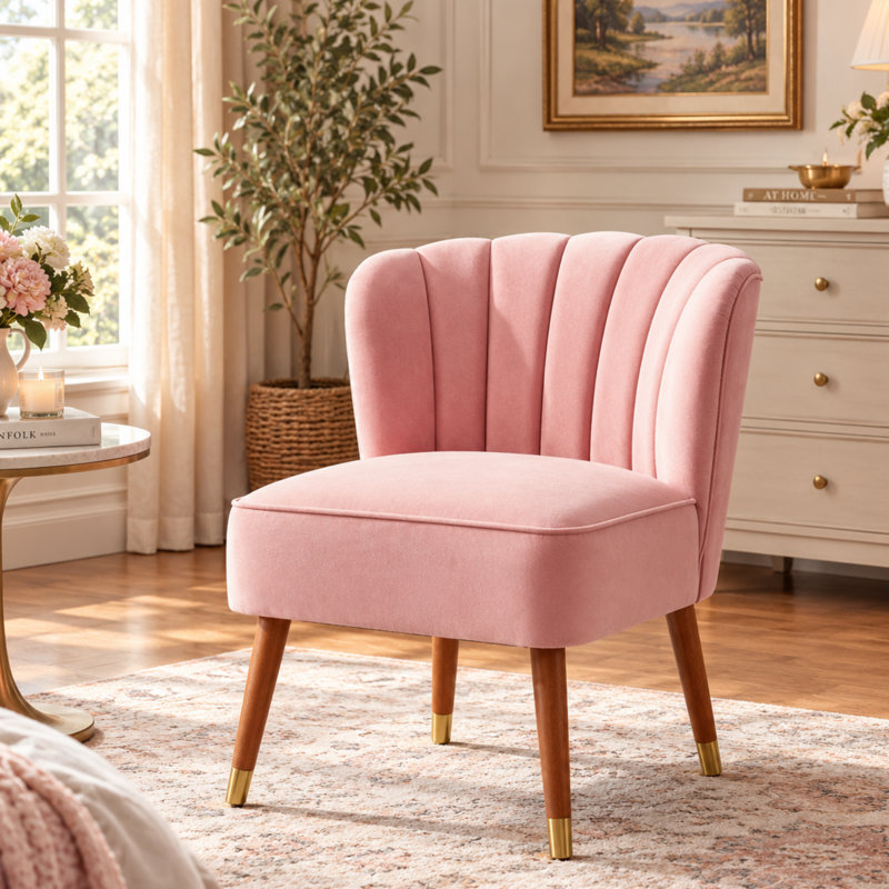 Chaise d'appoint moderne en velours avec dossier fleuri capitonné, Pink