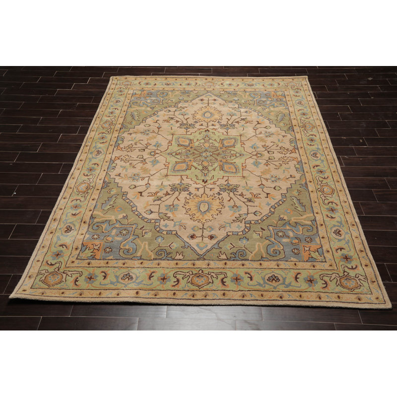 Tapis oriental rectangulaire en laine touffeté à la main beige / vert, Rectangle de 10 pi x 14 pi