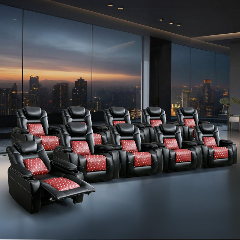 36.1" Wide Modern And Overstuffed Breathable Leather Dual Motor Power Reclining Home Theater Seat With Adjustable Headrest