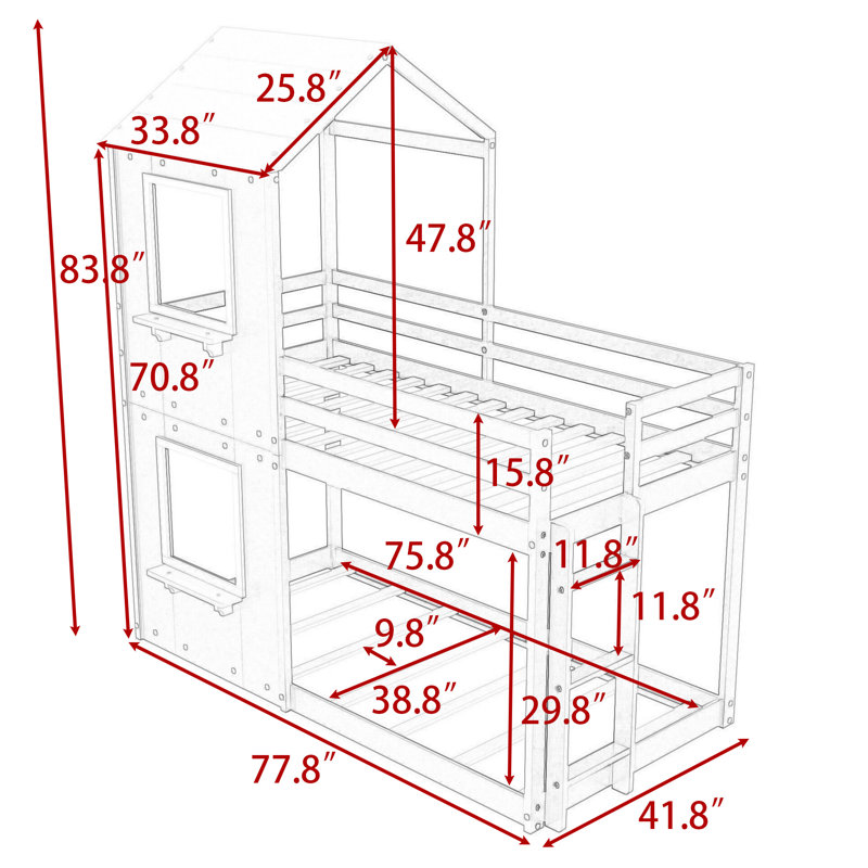 Twin Over Twin Bunk Bed With Safety Features And Roof, Gray