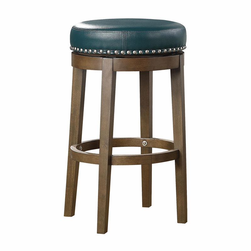 Ensemble de 2 tabourets de bar rotatifs ronds, similicuir vert, siège pivotant à 360 degrés, garniture cloutée, structure en bois massif, finition brune