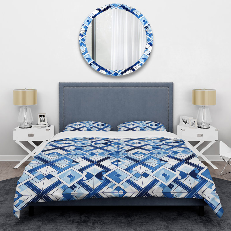 Coastal Cobalt Blue Mosaic I - Ensemble de housse de couette géométrique - Microfibre de polyester