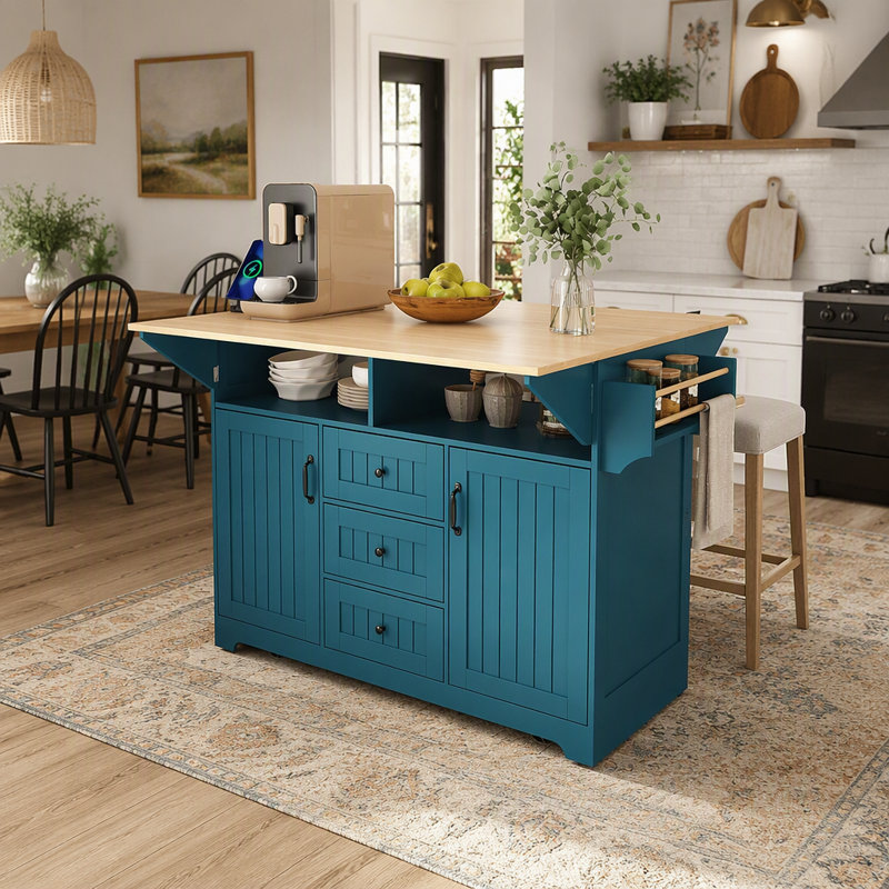 Îlot de cuisine de 141,5 cm (55,7 po) avec 2 abattants, desserte de cuisine à roulettes sur 5 roues avec prise électrique, table à manger pliante avec rangement, porte-épices et porte-serviettes, 3 tiroirs, pour cuisine et salle à manger, vert