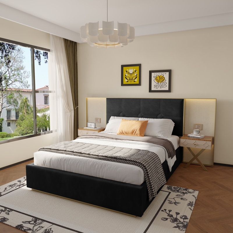 Lit plateforme tapissier en velours avec tête de lit à structure en métal, lampes murales doubles et tables de chevet, aucun sommier nécessaire