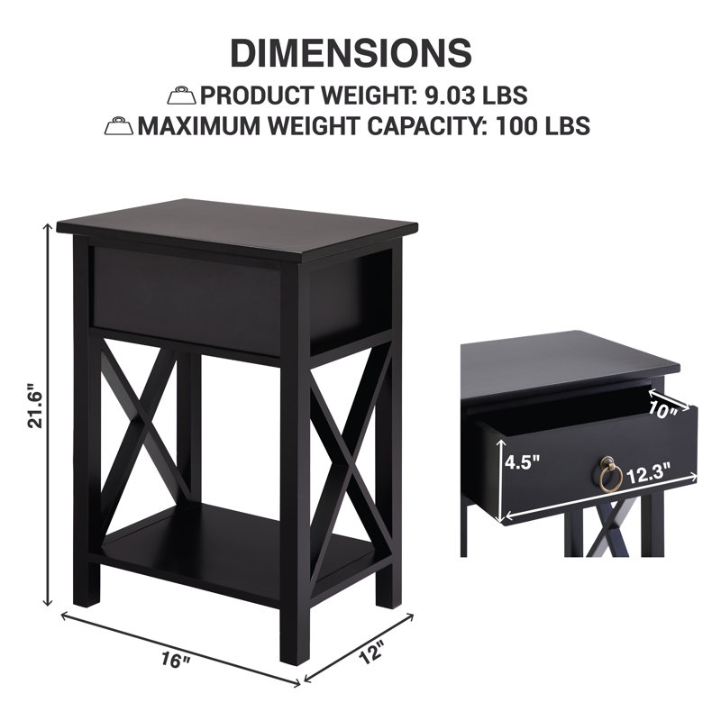 Mutchler Small End Table with Storage Shelf and Drawer, Solid Wood End Table for Bedrooms, Living Room End Table, End Table with Storage, Side Table with Drawers