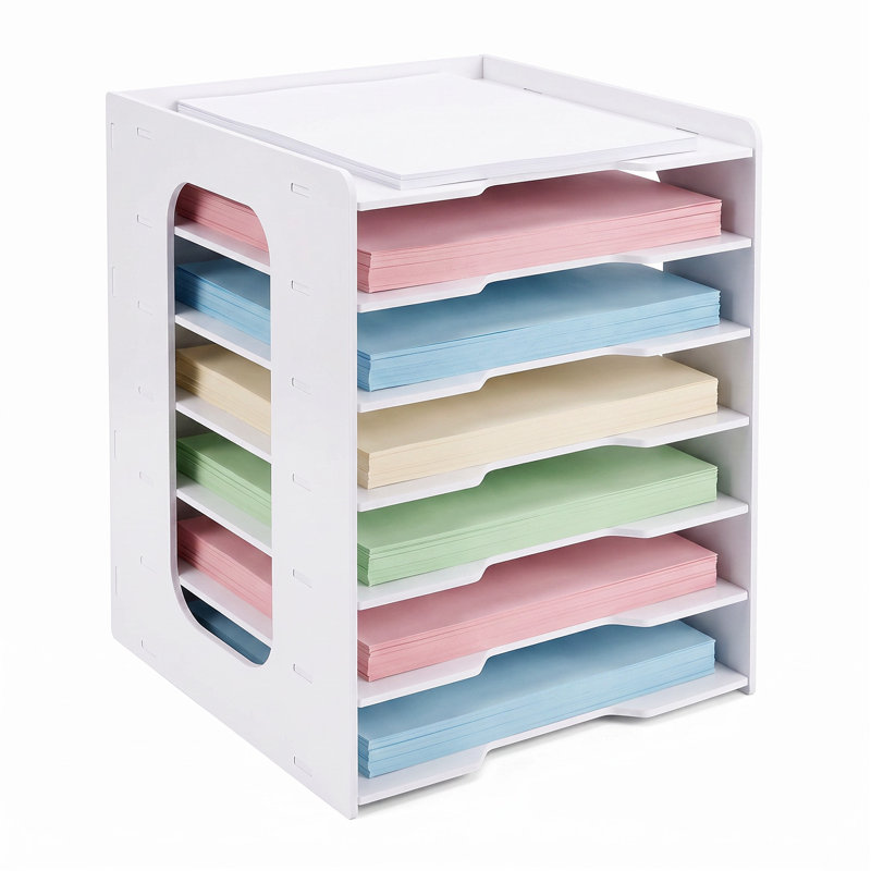 Organiseur de papier de scrapbooking à 7 niveaux, blanc, plateaux de rangement empilables pour bureau, école ou bureau.