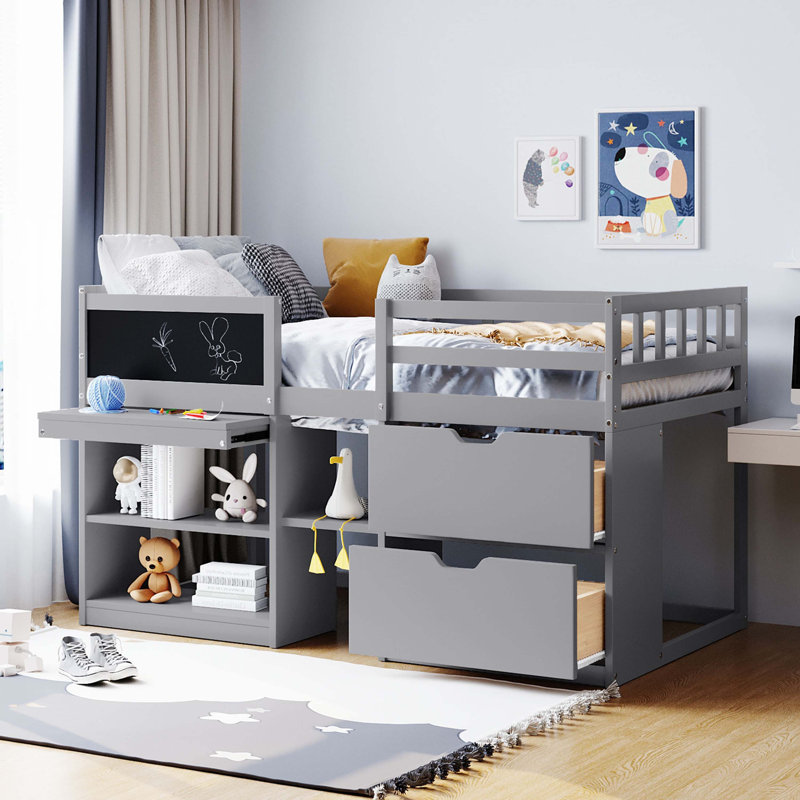 Twin Size Low Loft Bed with Rolling Desk, Shelf and Drawers - Grey