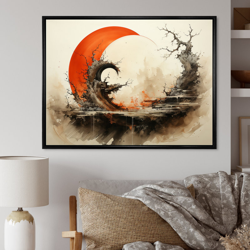 Art bouddhiste orange et beige Enso Lumières - Art mural spirituel, salon, Cadre flottant noir, H 34 po x l 44 po x P 1,5 po