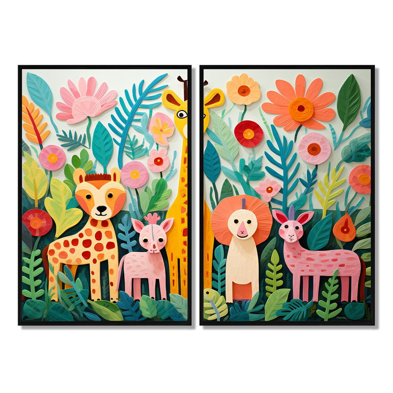 «Colorful Cute Animal Nursery I», art mural chambre de bébé, Noir, noir, noir, noir, H 36 po x l 48 po