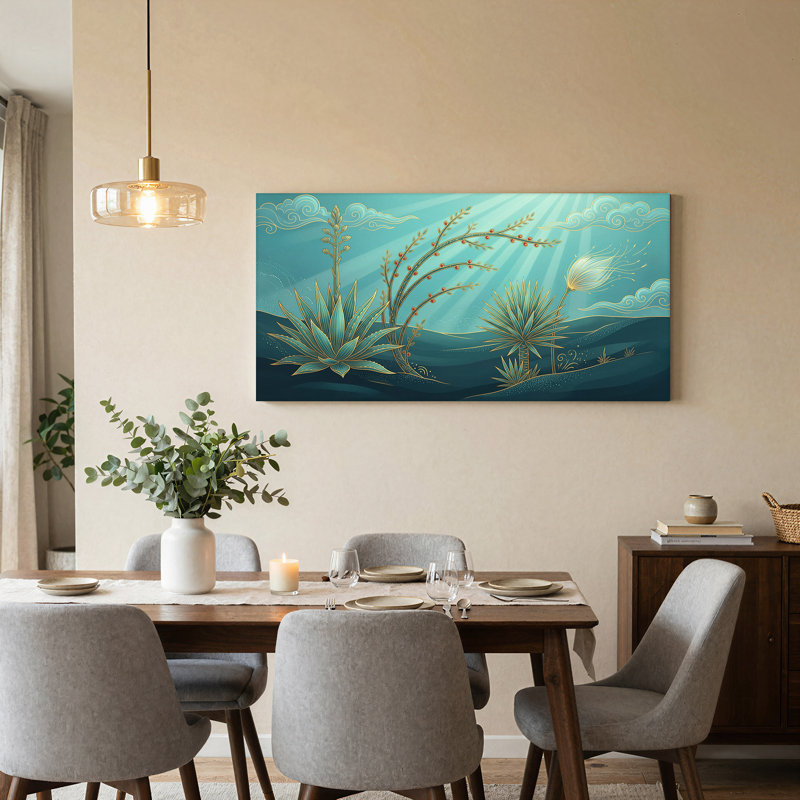 Toile bleu sarcelle et dorée, agave et yucca avec rayons de soleil, 46“W x 24”H