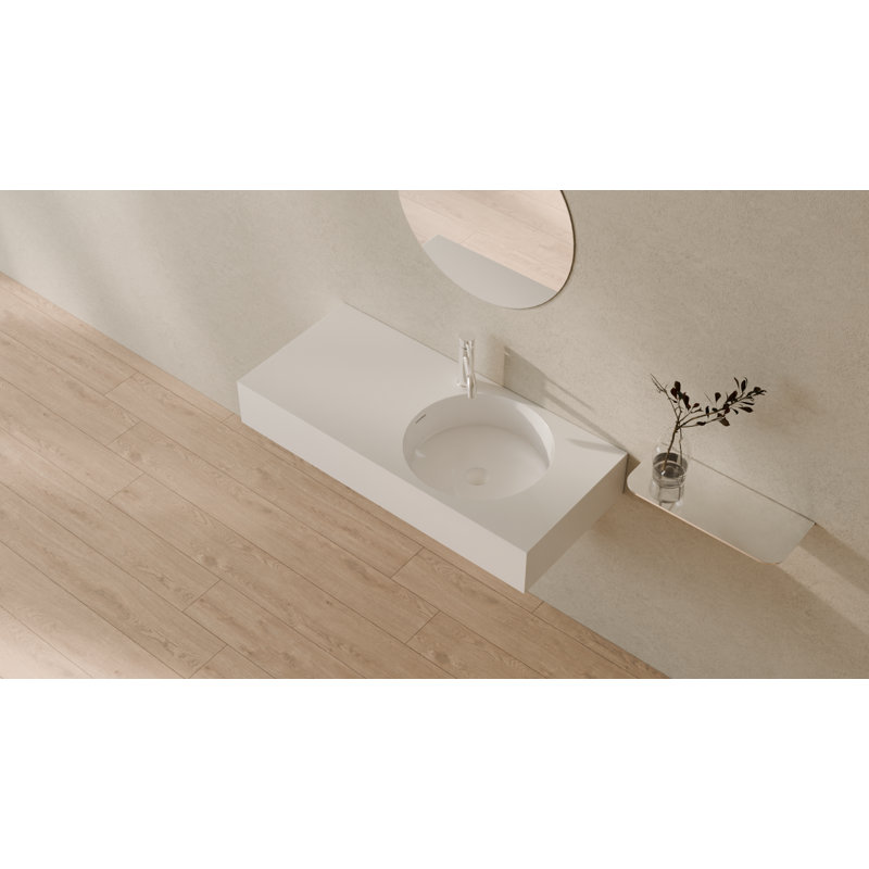 Lavabo de salle de bain mural rectangulaire en résine avec trop-plein 39,4 po x 17,7 po Badeloft WT-02-B-G, Glossy White
