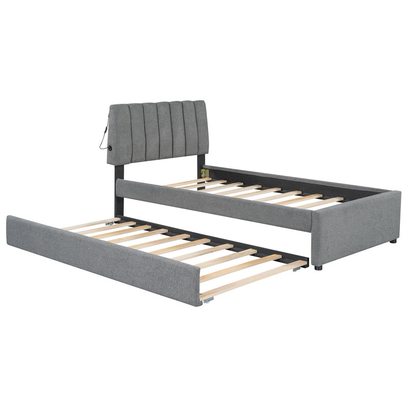 Lit plateforme tapissier Teddy, Gris, Lit simple
