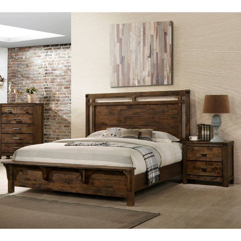 Grand lit de style industriel rustique en bois massif avec banc
