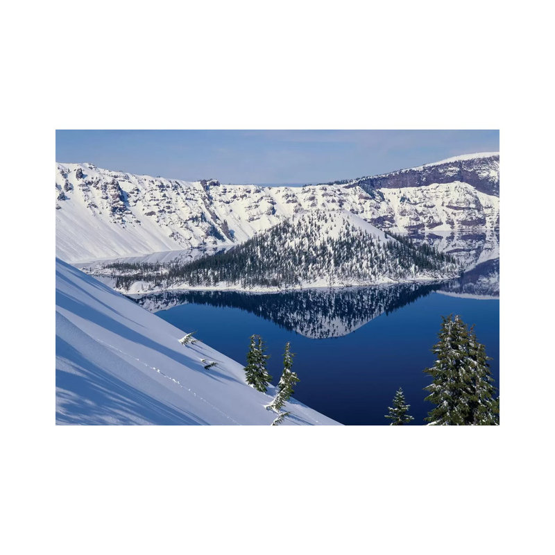 USA, Oregon, Crater Lake National Park. Winter Snow on West Rim of Crater Lake and Wizard Island. 1 Piece Wrapped Canvas Wall Art