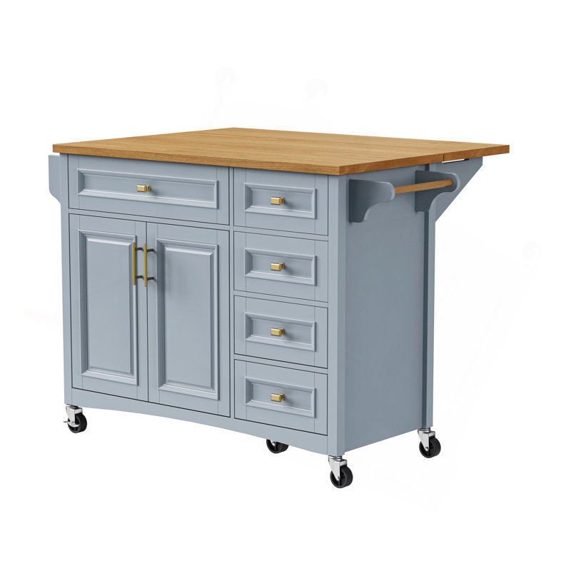 52'' Kitchen Island With Drop Leaf, Embossed Texture Kitchen Island On Wheels With Spice Rack, Towel Rack, 2 Doors And 5 Drawers, Kitchen Storage Cart With Adjustable Shelf For Kitchen