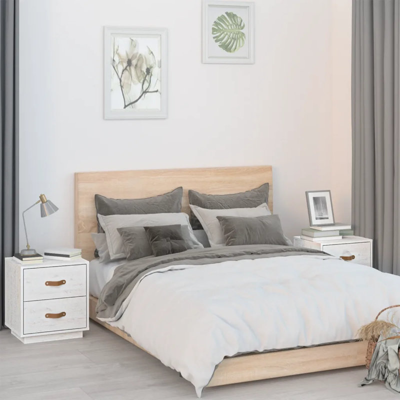 40cm W Solid Wood Bedside Table, White, Set of 2