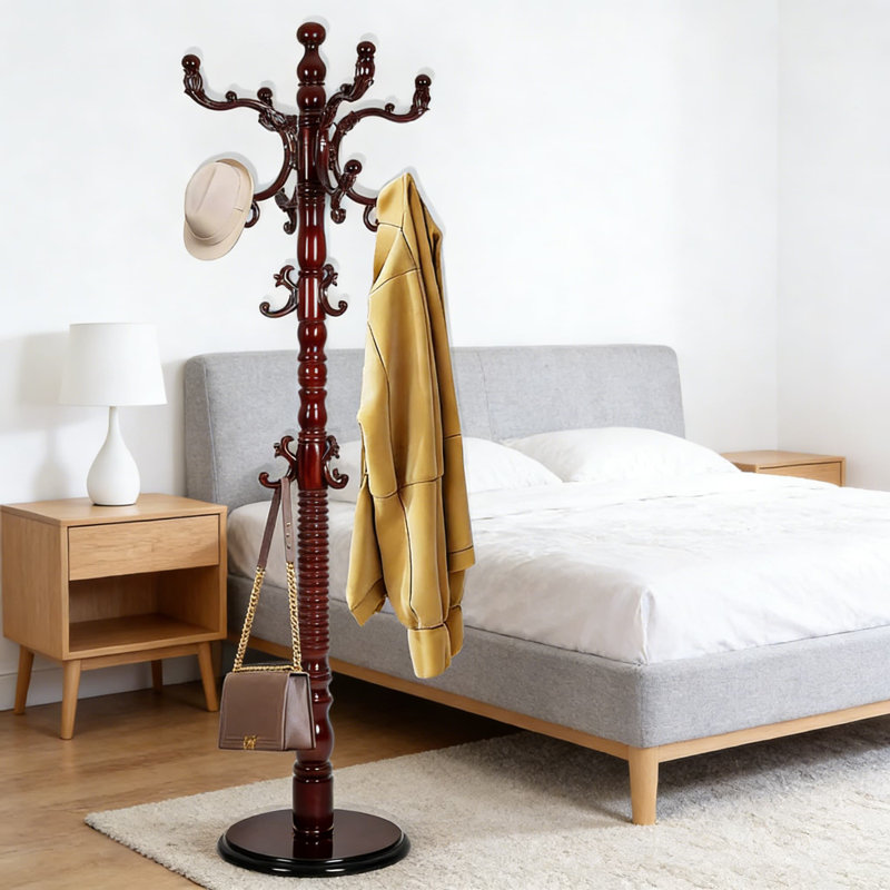 Freestanding Wooden Coat Rack With 14 Hooks, Adjustable Height And Solid Round Base, Heavy-Duty Hall Tree For Entryway, Hallway, Office Or Bedroom