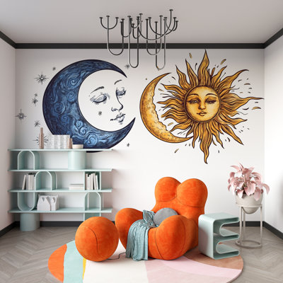 Sun Moon Wall Decal Set, Celestial Wall Sticker, Boho Wall Art, Astrology Decor, Mystic Sun Moon Mural, Bedroom Decor, 180Gm