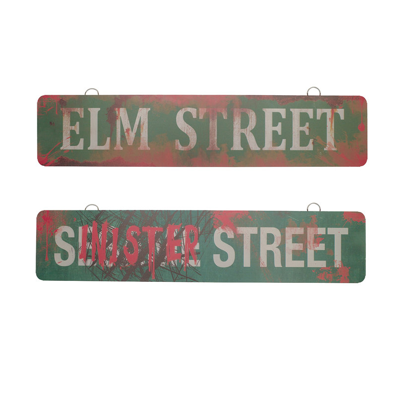Elm & Sinister Metal Bloody Street Sign 2pc Scary Halloween Haunted House Prop Elm & Sinister Metal Bloody Street Sign 2pc Scary Halloween Haunted House Prop