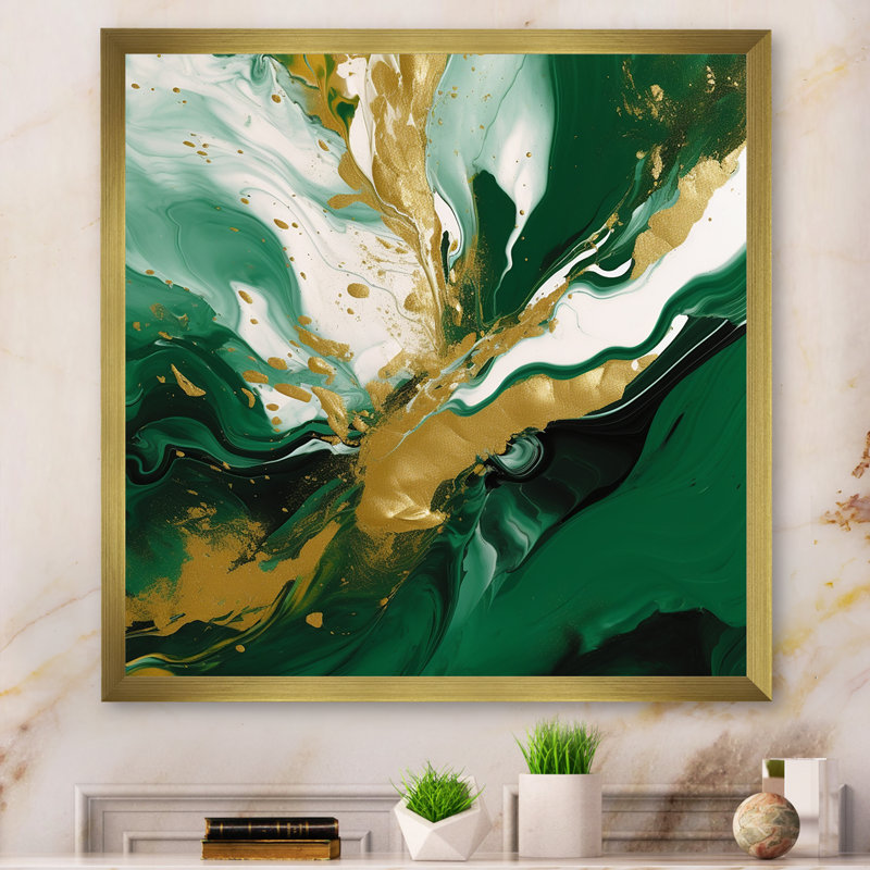 Green And Gold Liquid Magic II, Gold, 36" H x 36" W, Picture Framed