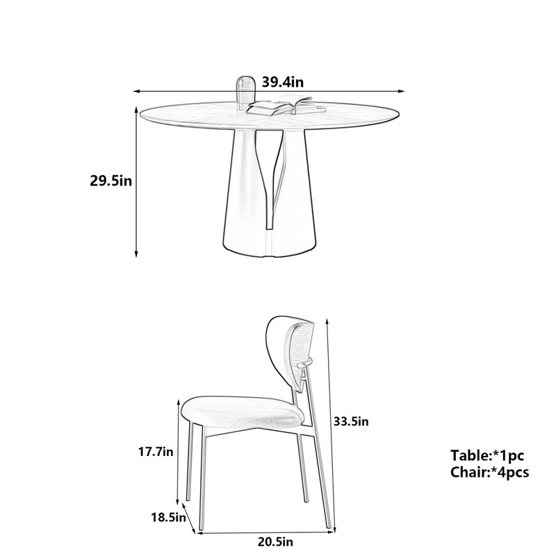 Retro Round Dining Table with Walnut Veneer, 29.5"H x 39.4"L x 39.4"W, 5