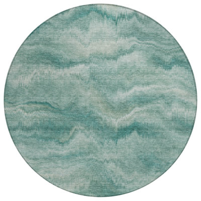 Tapis d'extérieur rond lavable abstrait bleu sarcelle et ivoire 8 pi