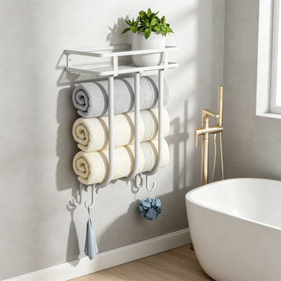 Porte-serviettes mural avec tablette et 4 crochets, pouvant accueillir 3 serviettes roulées, blanc pour petite salle de bain