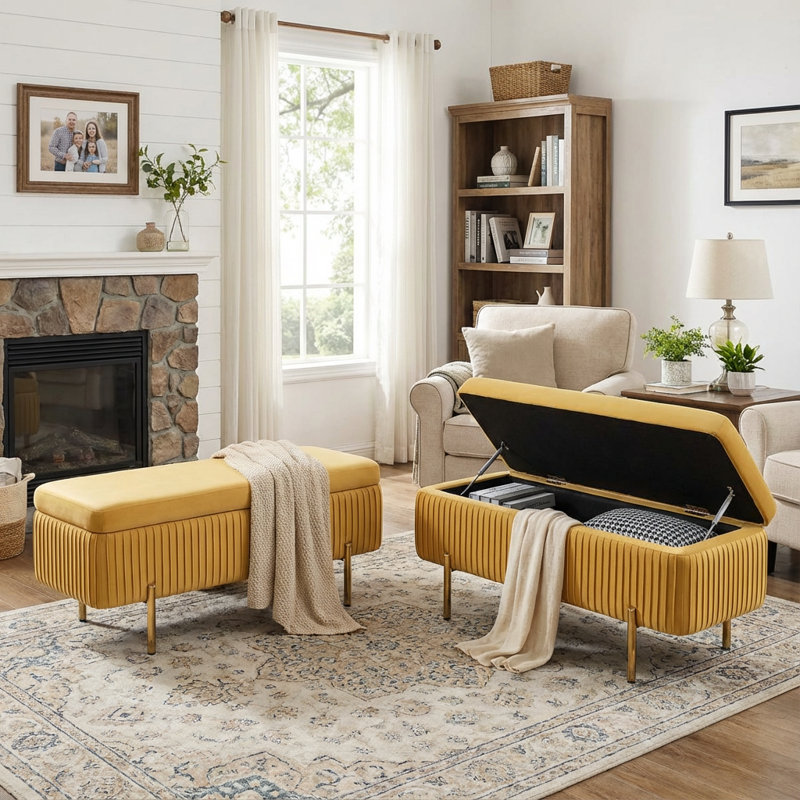 Banc de rangement en velours Leaysia, Jaune moutarde