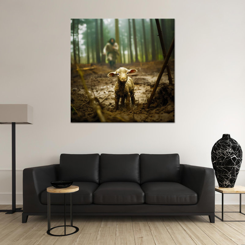 «Lost Lamb in Forest», reproduction d'art rustique sur toile, 1P, Hauteur : 19,8 pouces x Largeur : 19,8 pouces
