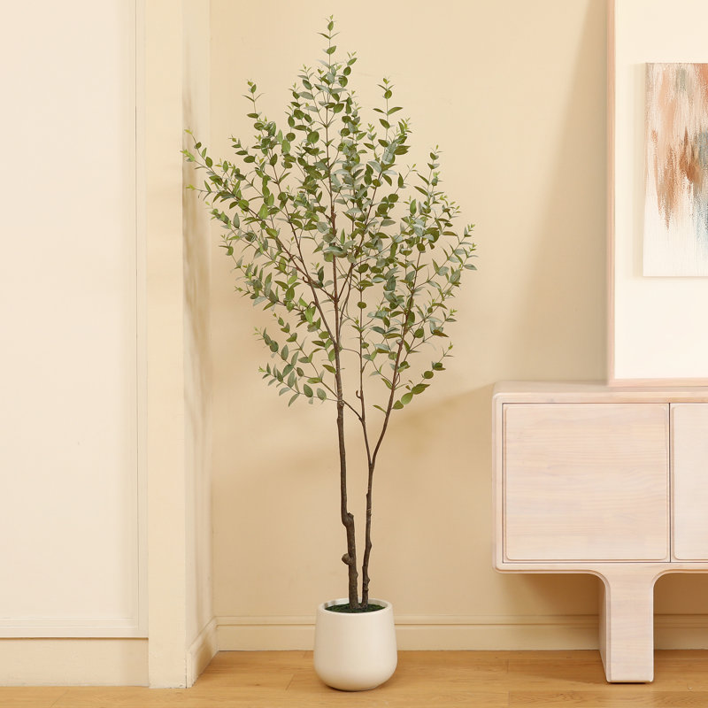 Eucalyptus artificiel Aldina avec grand pot de fleurs blanc, faux eucalyptus en pot