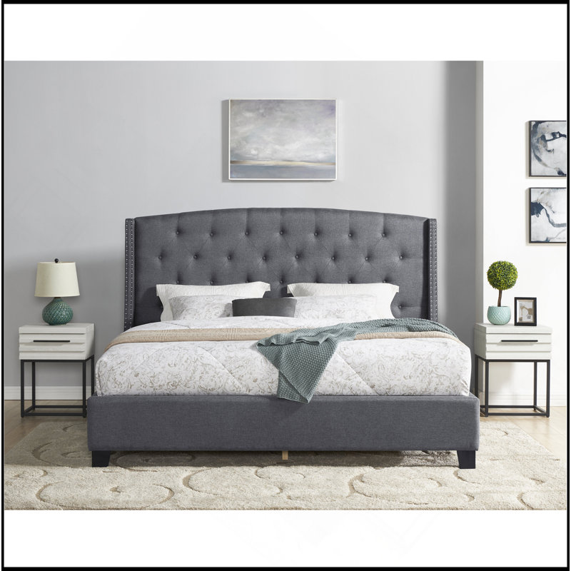 3-Piece Upholstered Bedroom Set, Tufted Wingback Bed With Two White Nightstands, White/Grey