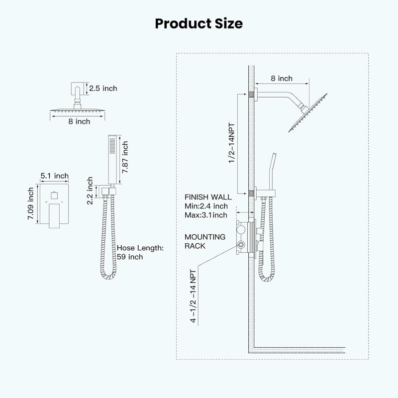 Rainfall Bathroom Shower System Rain Shower Head and Handle Set Wall Mounted Shower Complete Combo Solid Brass Pressure Balancing Shower Mixer Valve 8 Inch Matte Black