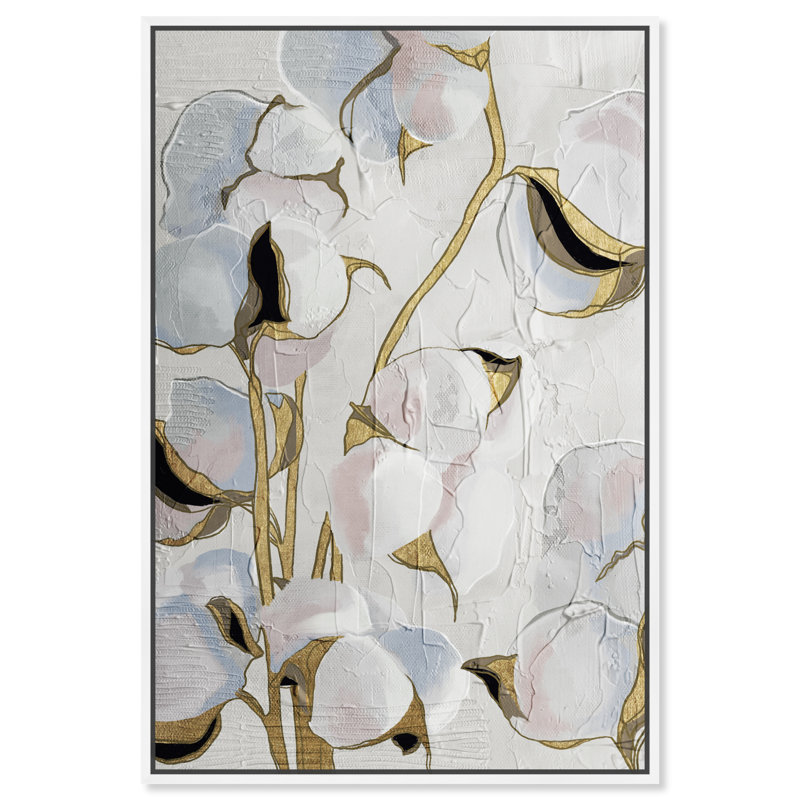 Tige dorée florale, fleurs de coton blanc moderne - peinture sur toile, H 45 po x l 30 po x P 1,75 po