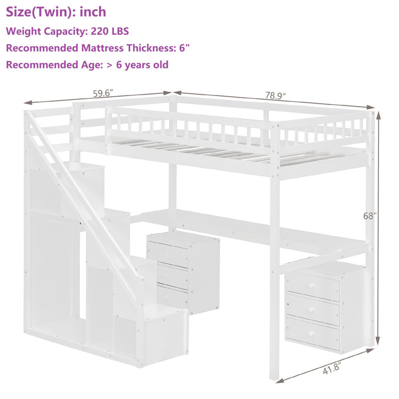 Loft Bed With Built-In Desk And Storage Staircase, Lit simple, Blanc