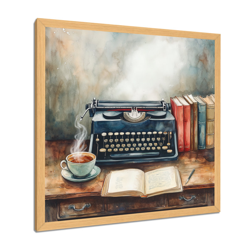 «Black Red Typewriter & Tea Still Life», art mural rétro encadré, H 30 po x l 30 po, Cadre naturel