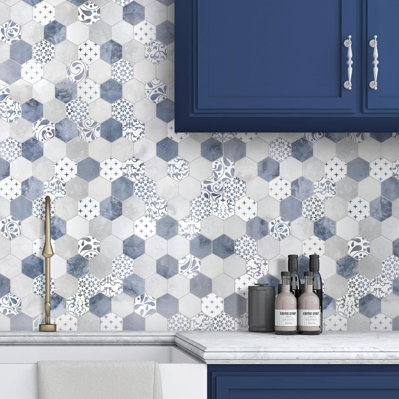Blue Cement Hexagon Stone Composite Marble Looks Self Adhesive Wall Tile