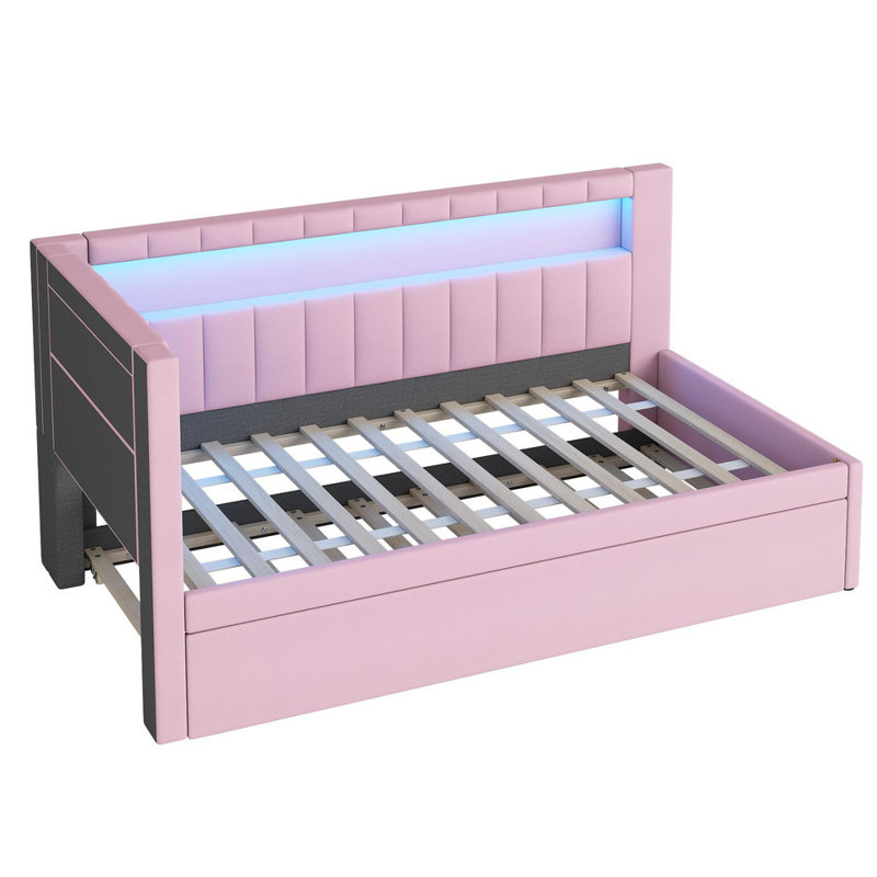Lit plateforme simple tapissier avec ports USB gigogne et ceinture DEL, Rose