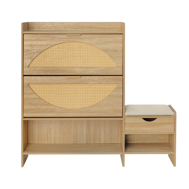 Armoire de rangement pour chaussures en rotin de 47,2 po avec 2 tiroirs rabattables, un tiroir de rangement et un banc pour l'entrée et le couloir