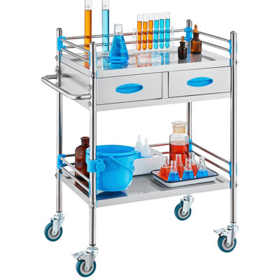 Chariot de service, chariot roulant utilitaire en acier inoxydable à 2 couches, chariot médical à deux tiroirs, chariot utilitaire avec roues verrouillables et un seau, idéal pour un usage en laboratoire, à un hôpital ou pour les soins dentaires