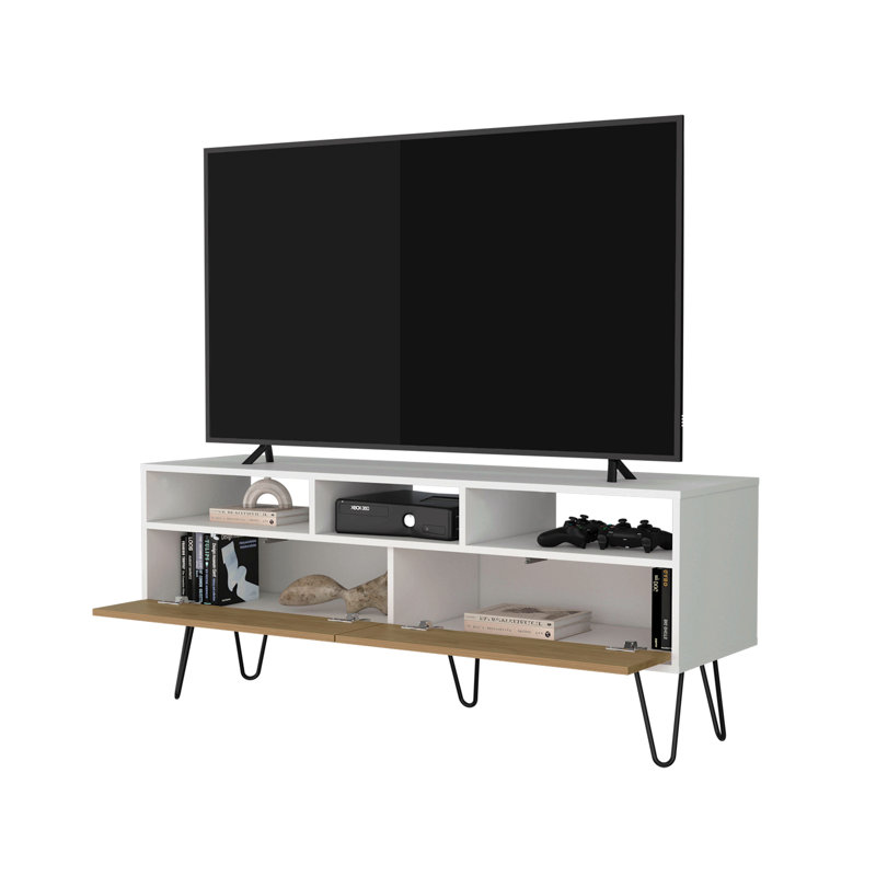 Tv Stand With 2 Doors And Open Storage, White And Natural Oak