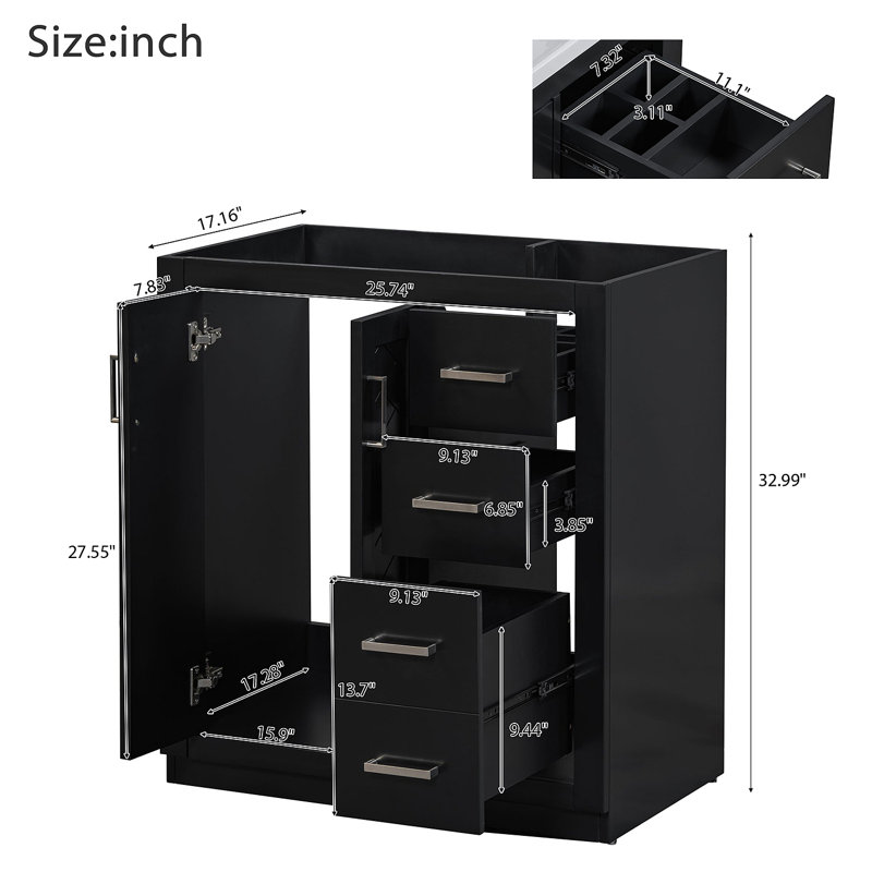 Ensemble de meuble-lavabo autoportant 30 po sans lavabo, meuble-lavabo avec cadre en bois massif, 3 tiroirs et portes à fermeture douce