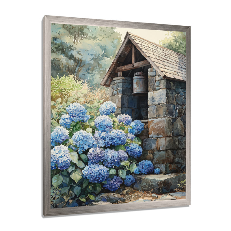 Hortensias par le puits de ferme II - art mural floral, H 40 po x l 30 po, Reproduction encadrée d'une seule photo
