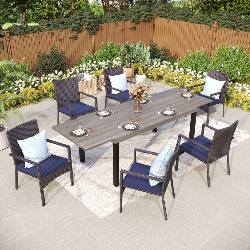 Rectangle Outdoor Patio Dining Set Wooden-look Expandable Heavy Duty Metal Table With Cushioned Chairs, 6