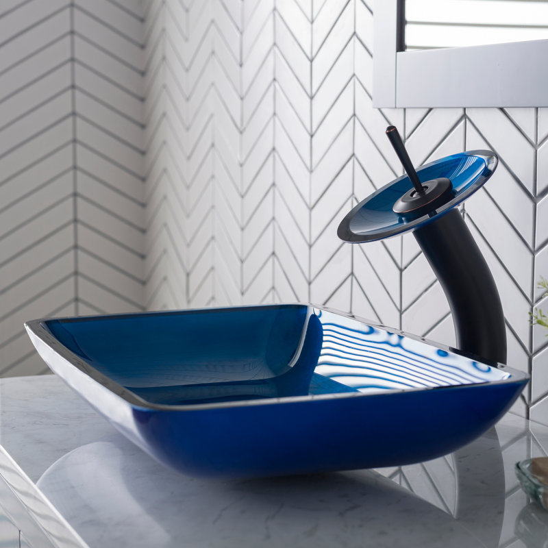 Lavabo de salle de bain vasque rectangulaire en verre Galaxy, Feu bleu, Bronze huilé