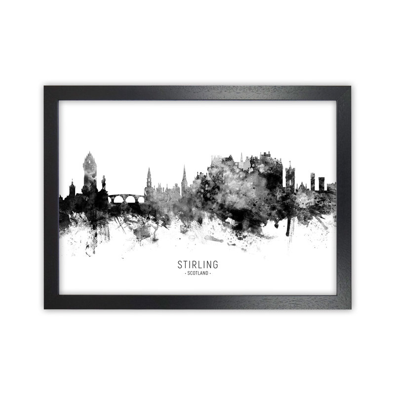 Stirling Scotland Skyline Black White City Name by Michael Tompsett - 1 Piece Wall Art, 34cm H x 46cm W x 3cm D, Black Framed